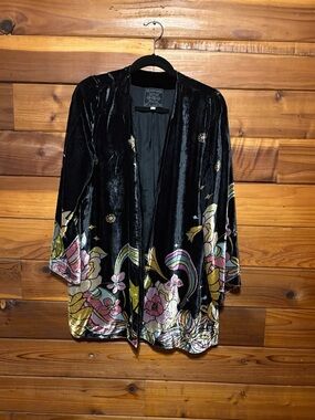 Johnny Was Black Velvet Floral Kimono Jacket with Pink, Gold & Green Accents